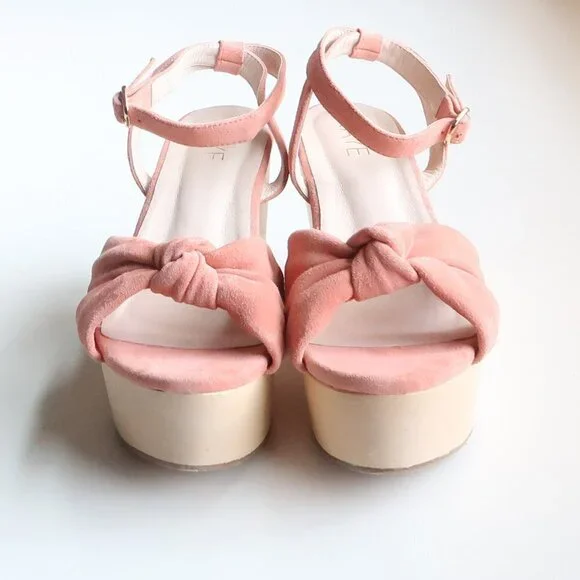 Revolve RAYE Faye Peach Suede Leather Wooden Platform Wedge Ankle Strap Sandals